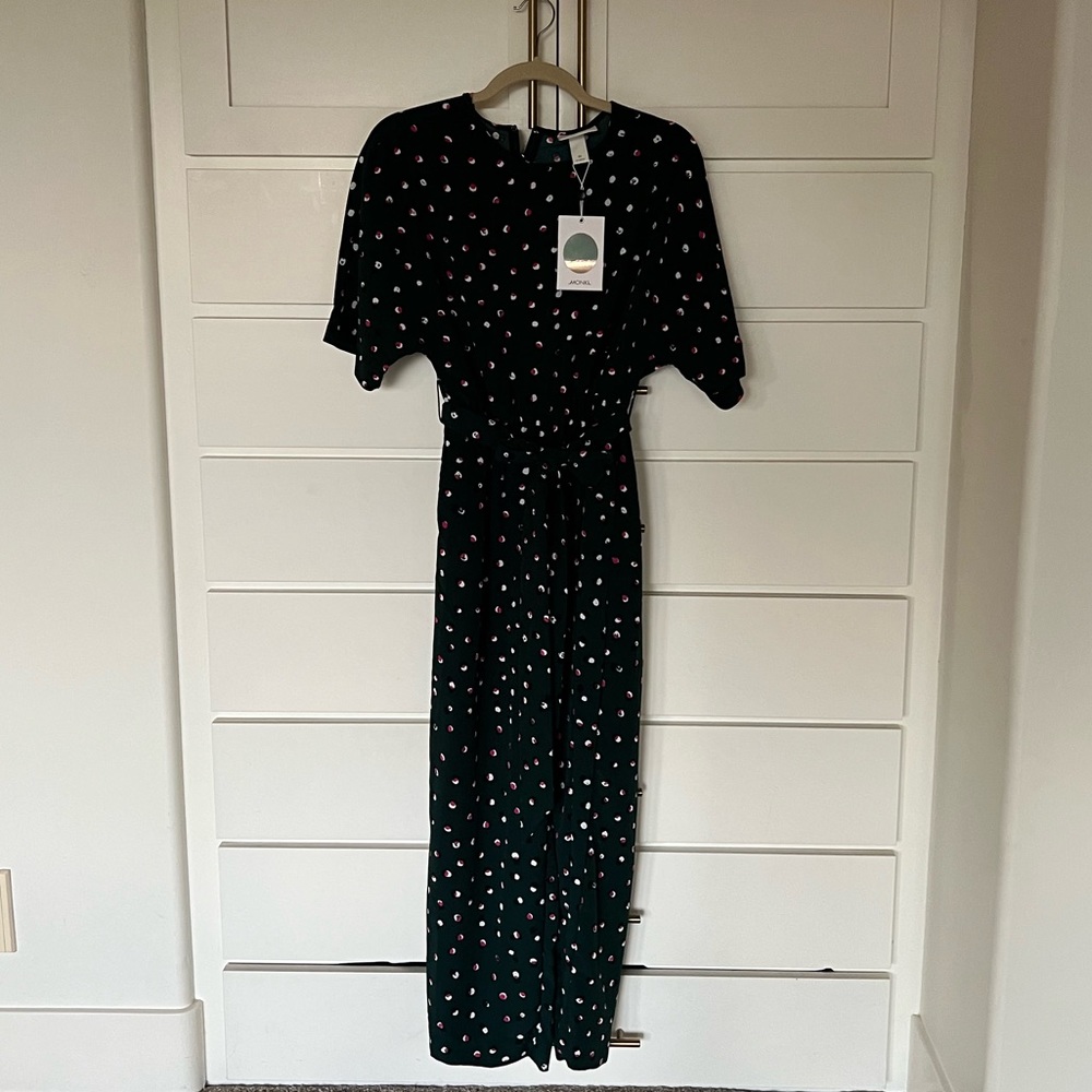 Dark green and pink polka dot jumpsuit